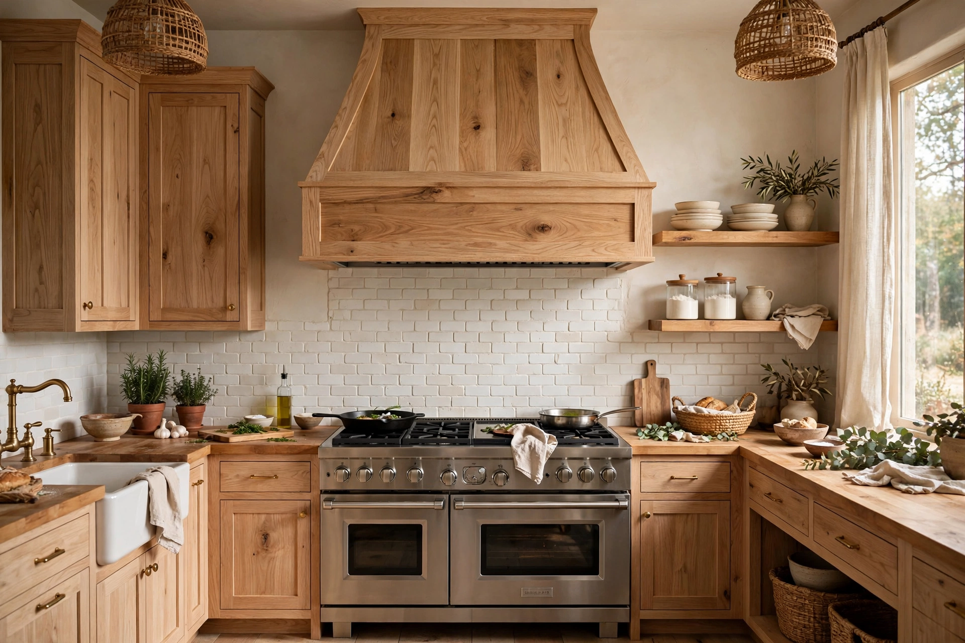Custom Wood Clad Range Hood In Farmhouse Kitchen
