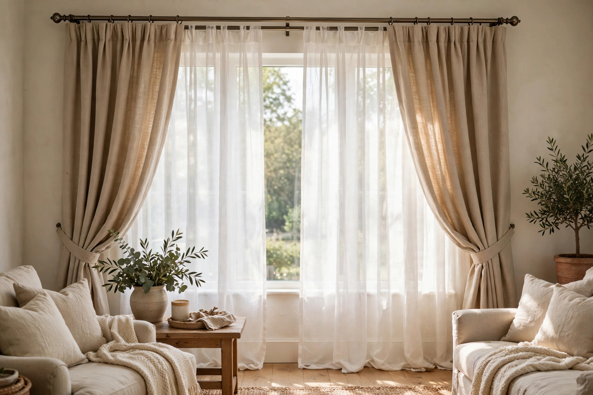 Sheer Curtains Layered Under Heavier Living Room Drapes