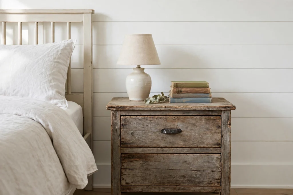 Reclaimed wood nightstand with weathered finish, table lamp and stacked books beside a farmhouse bed