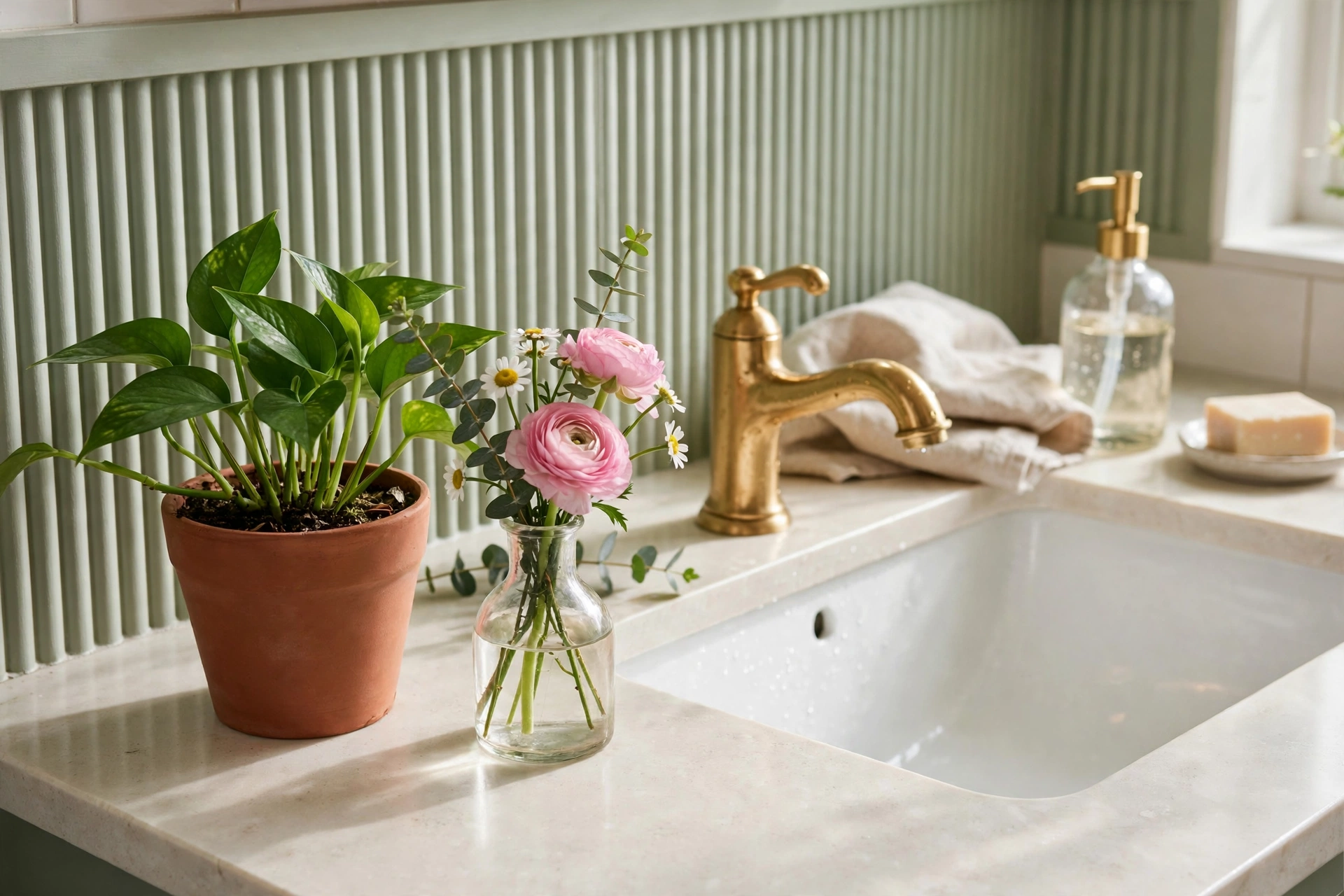 Small Plant And Fresh Flowers By Bathroom Sink