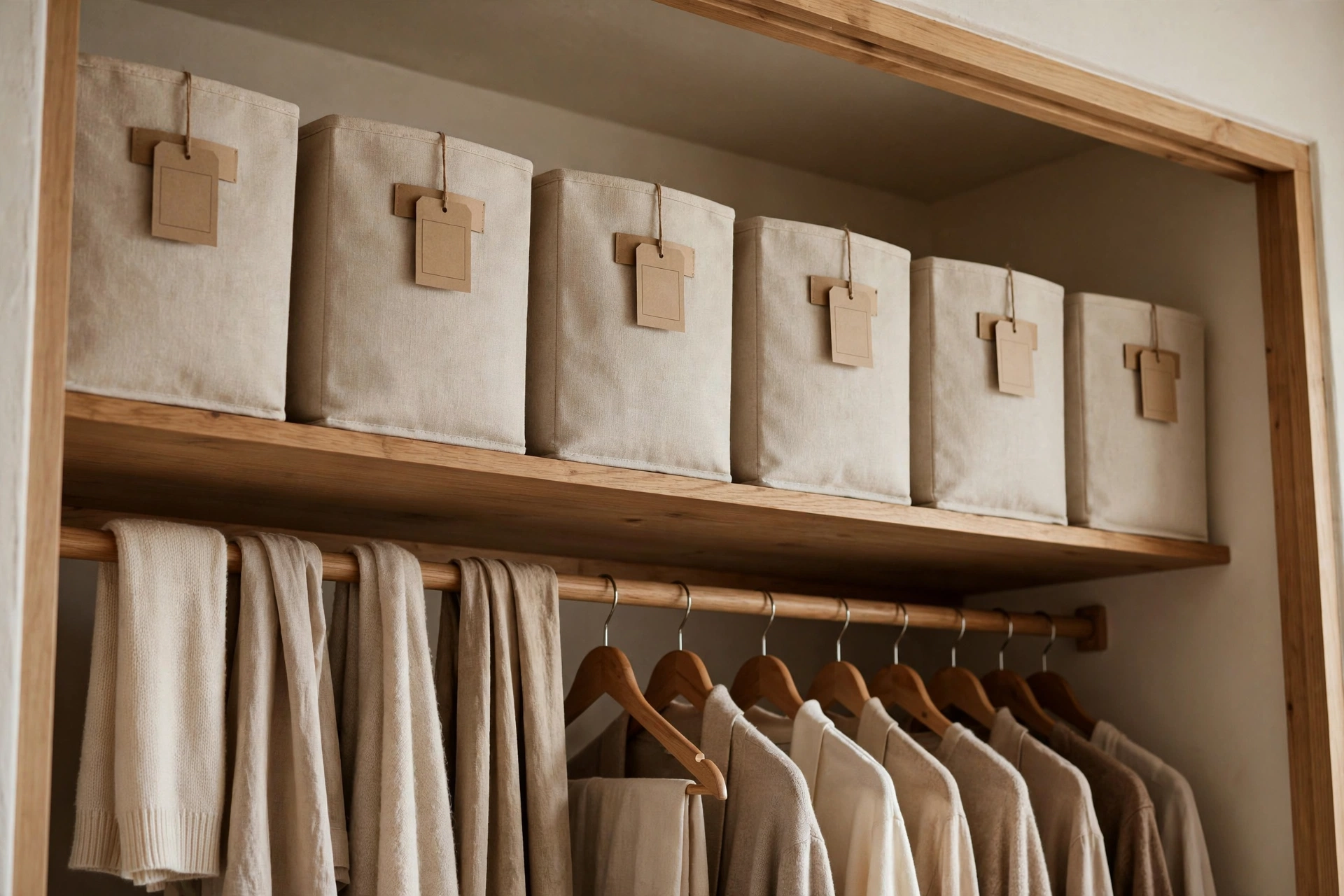 Fabric Storage Bins Lined On Closet Shelf Above Rod