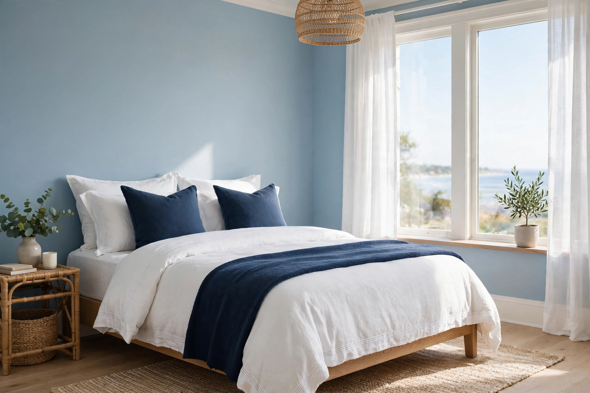 Airy Bedroom With Powder Blue Walls And White Bedding