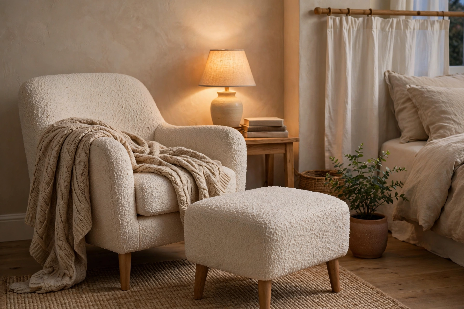 Boucle Armchair And Ottoman In Bedroom Corner