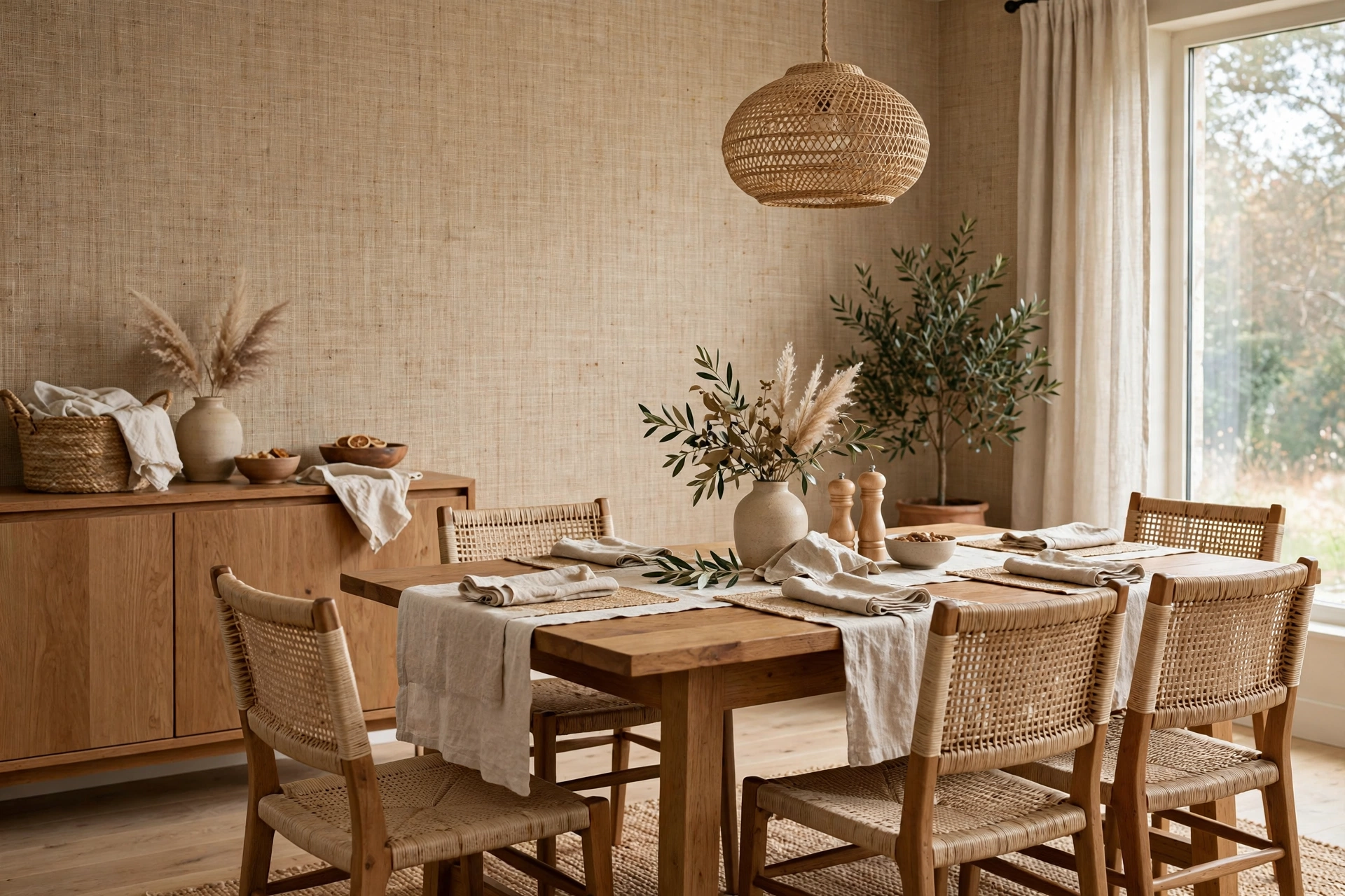 Dining Room With Natural Grasscloth Textured Wallpaper