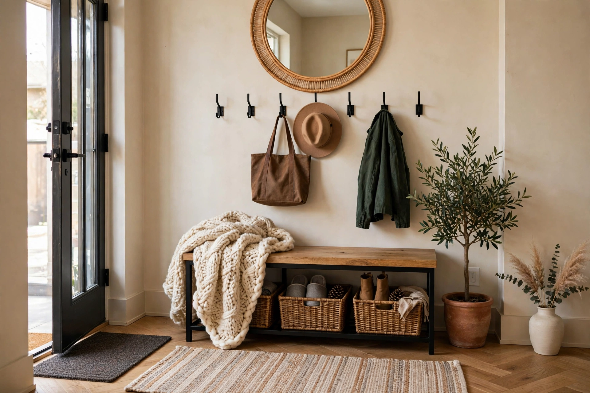 Chunky Knit Throw Blanket Draped Over Entryway Bench