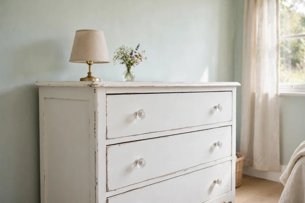 White painted vintage dresser with glass knobs and a small lamp in a cottage bedroom