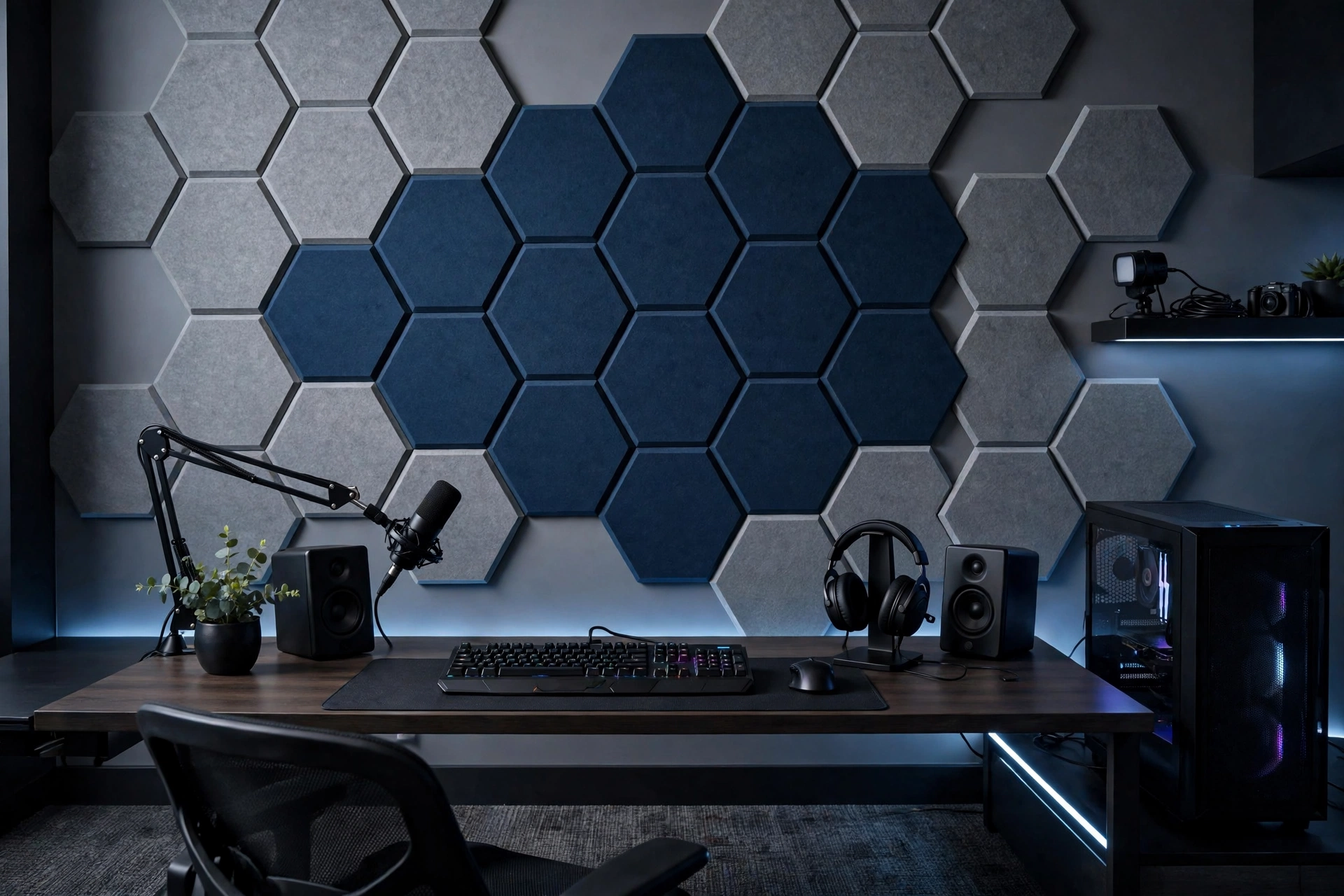 Acoustic Wall Panels Styled As Art Behind Gaming Desk