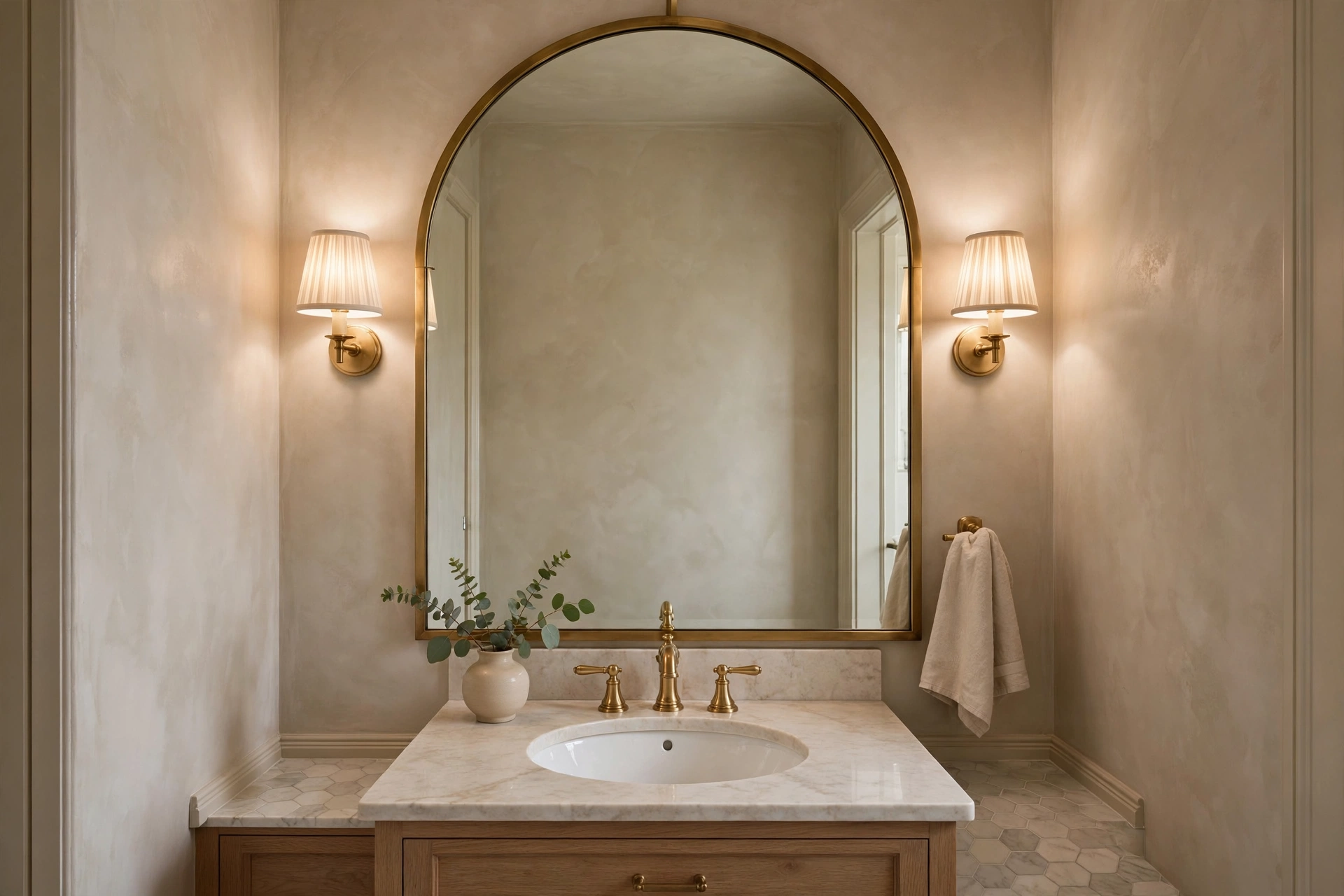 Small Powder Room With Oversized Arched Statement Mirror