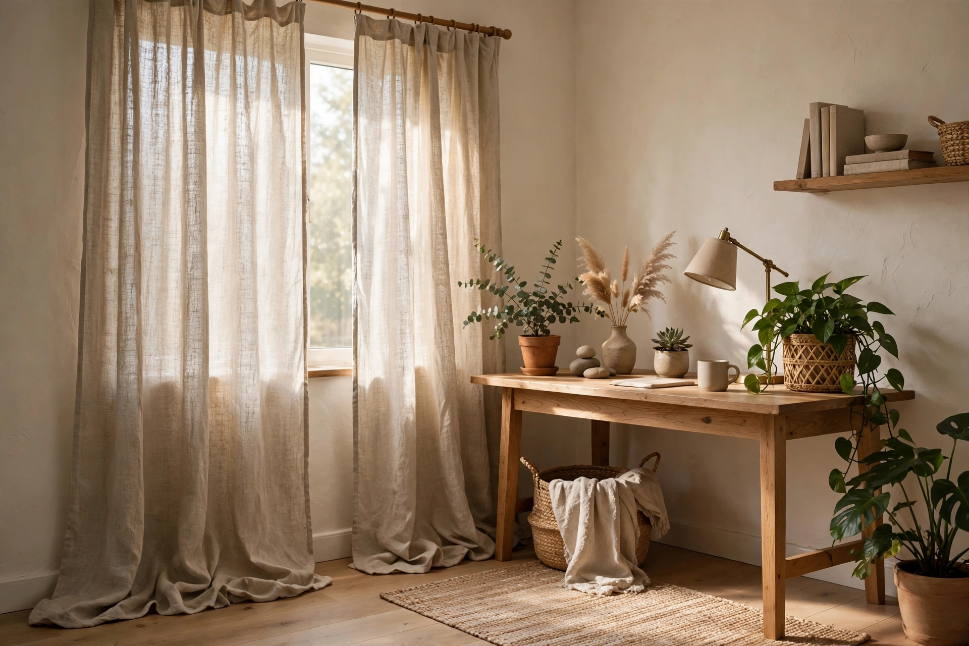 Natural Linen Curtains Adding Texture To Home Office