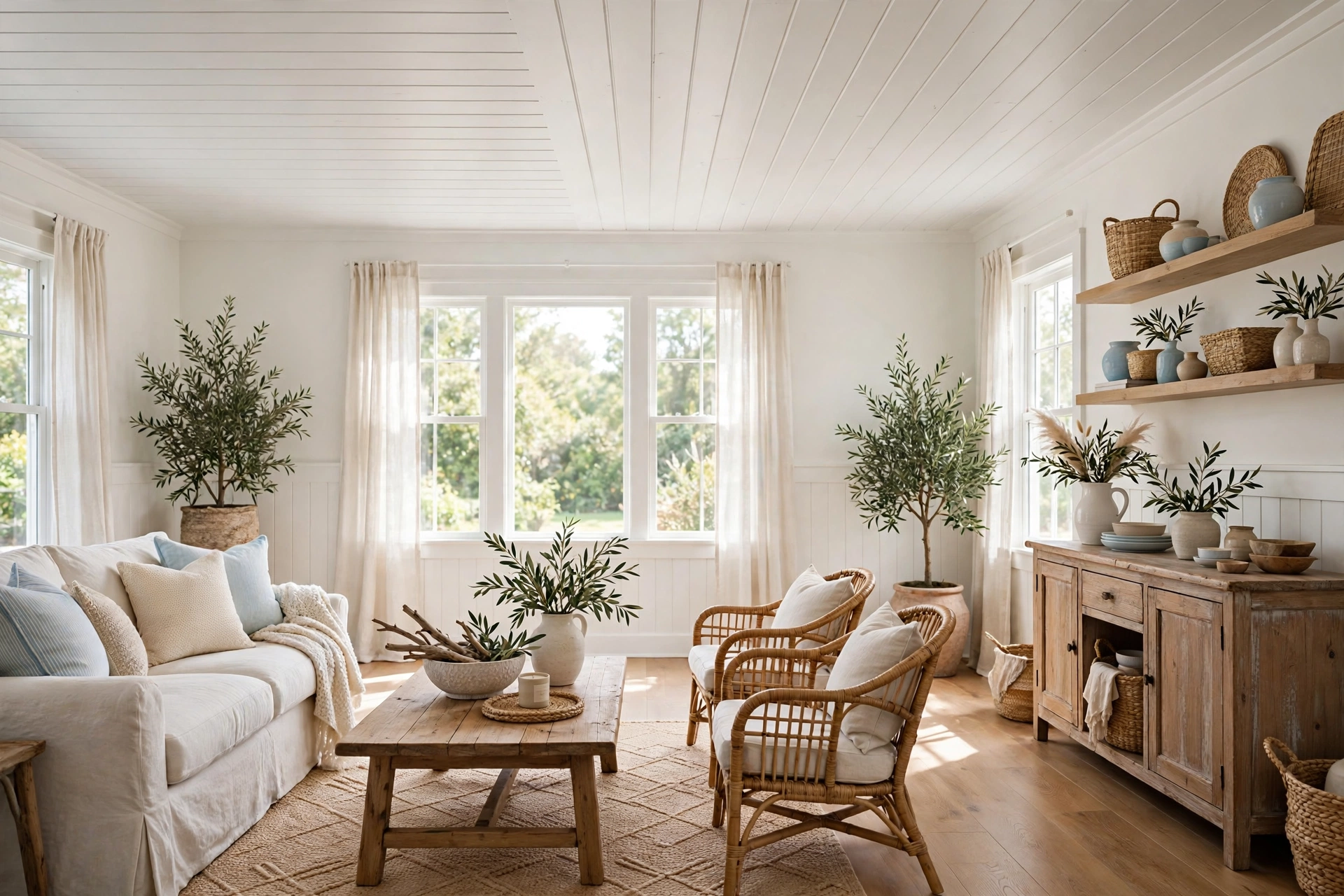 White Shiplap Ceiling With Airy Texture In Living Room