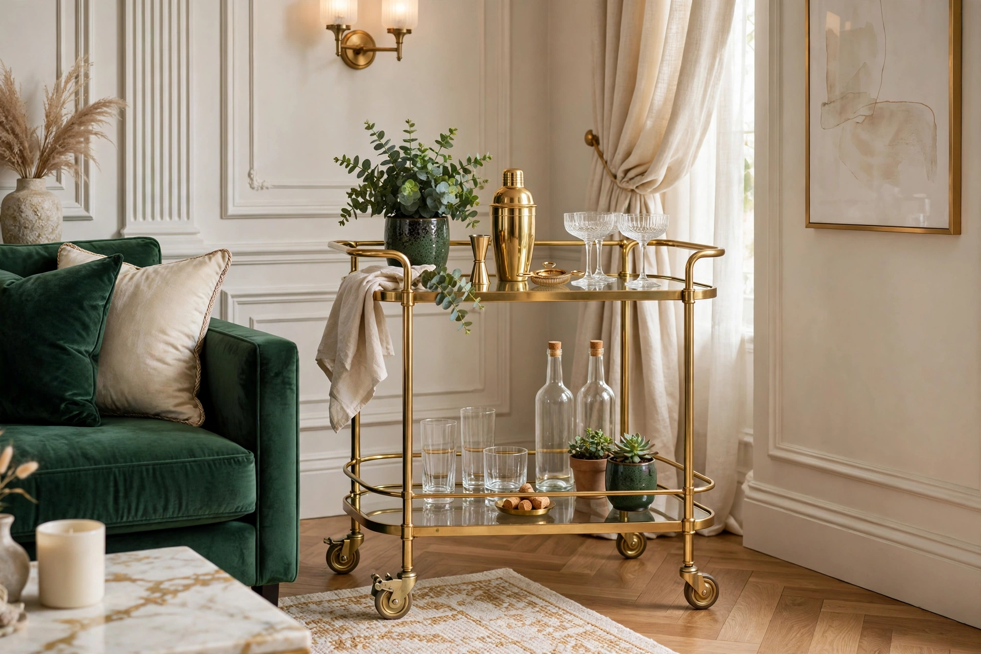 Rolling Bar Cart Styled In A Living Room Corner