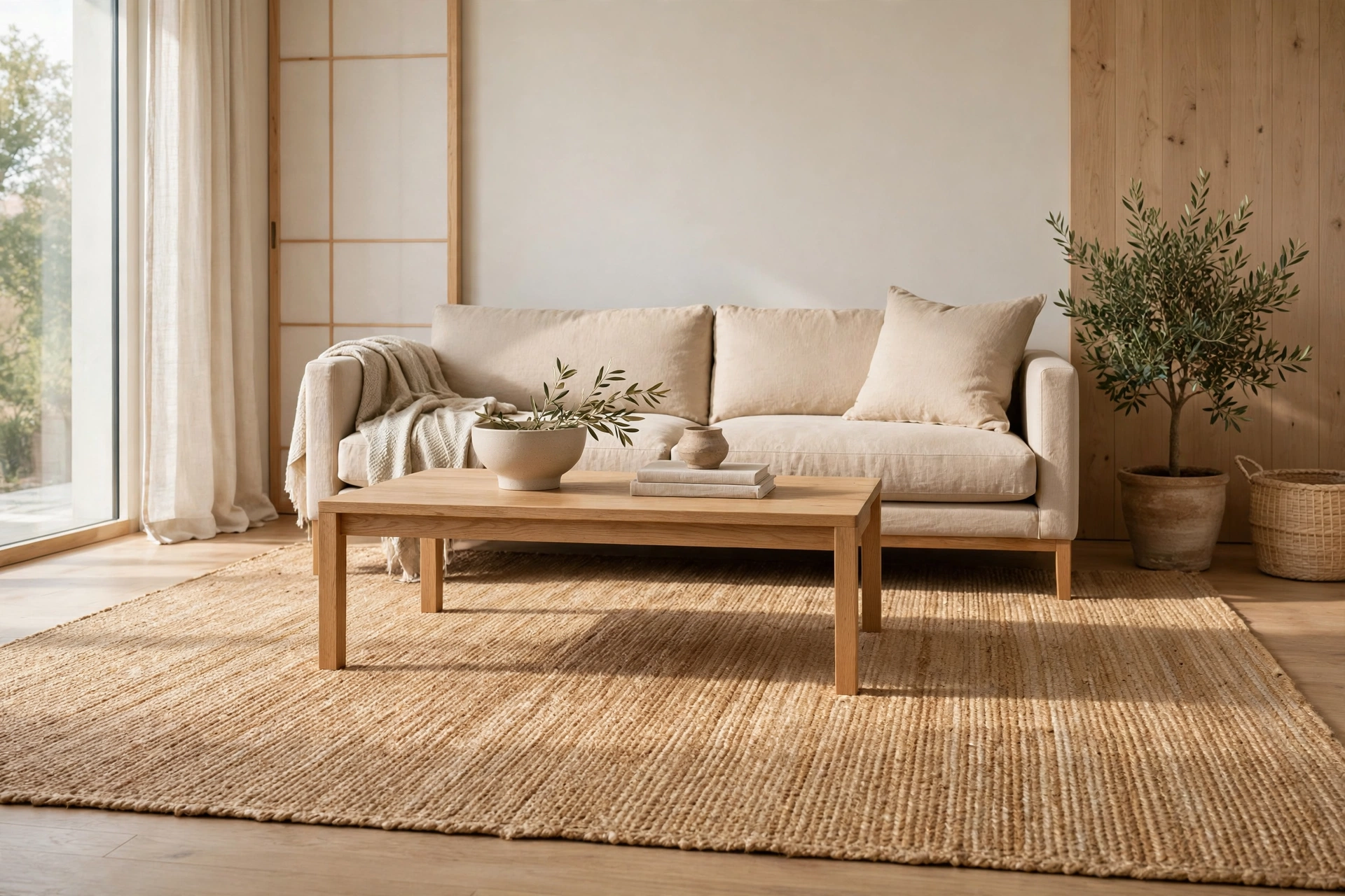 Large natural jute rug grounding a Japandi living room seating area