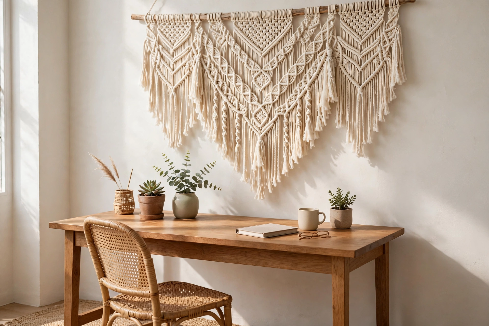 Large macramé wall hanging above a wood desk in a boho home office