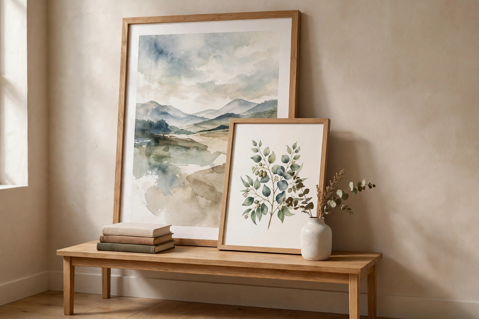 Layered Framed Art Leaning Above A Styled Console Table