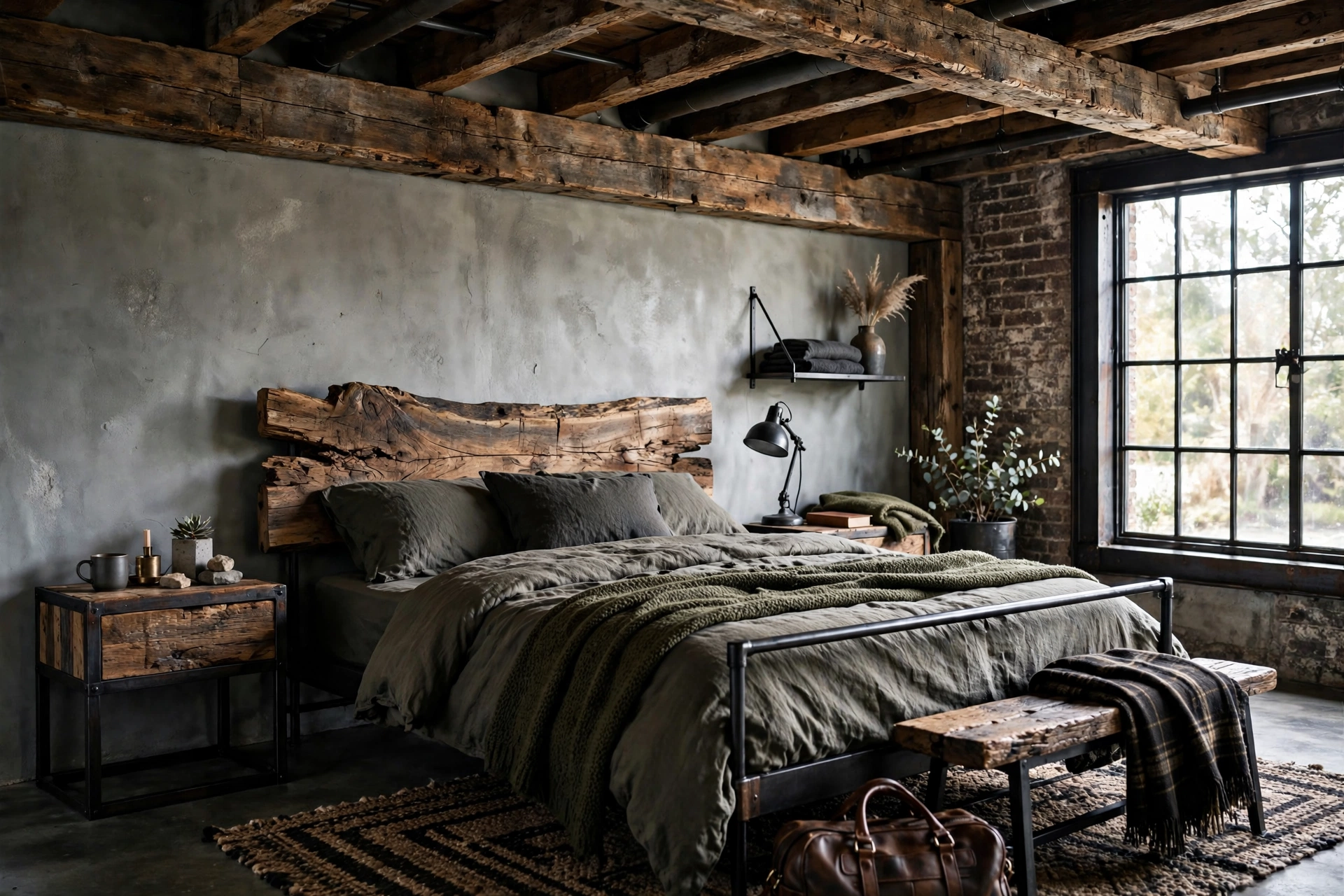 Masculine Bedroom With Exposed Wood And Raw Materials