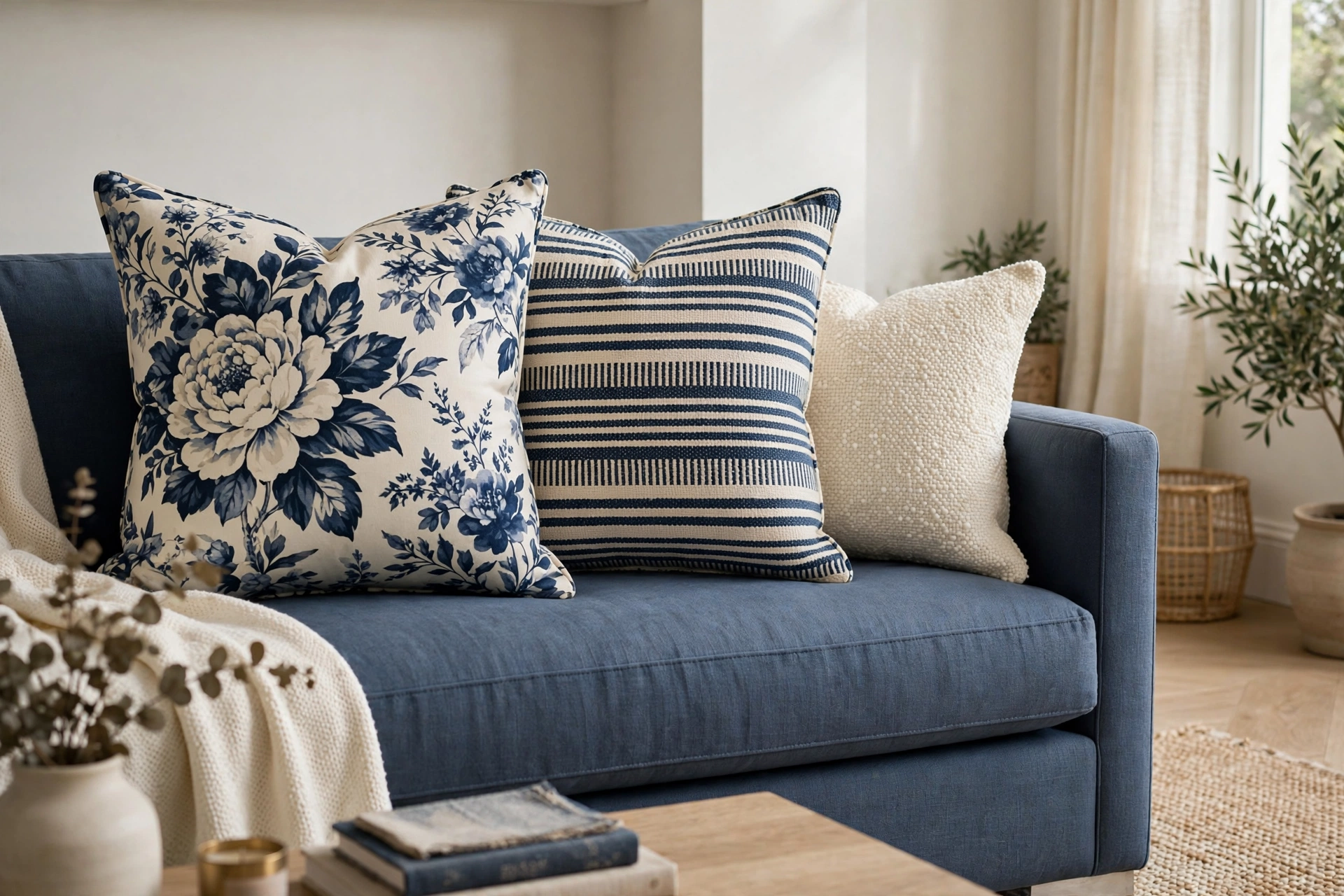 Mixed Pattern Throw Pillows In Different Scales On Couch