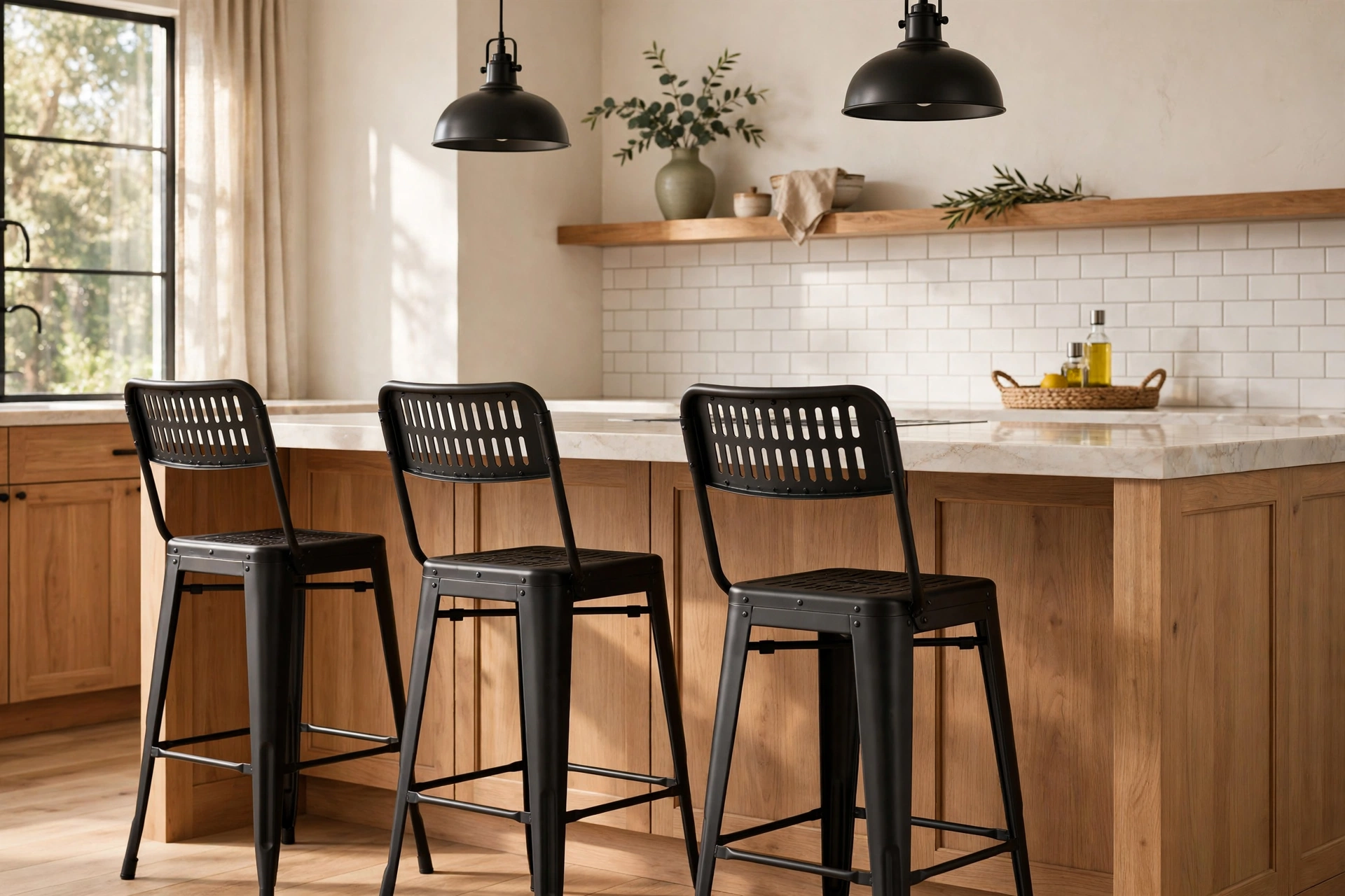 Industrial metal bar stools in matte black at a modern kitchen counter