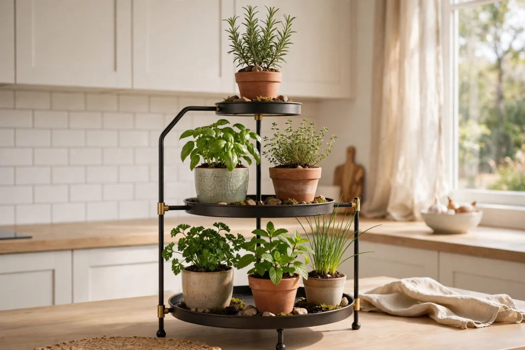 Tiered metal stand holding potted herbs in a bright kitchen