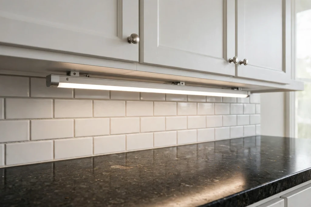 Slim linear bar light fixture mounted beneath upper kitchen cabinets