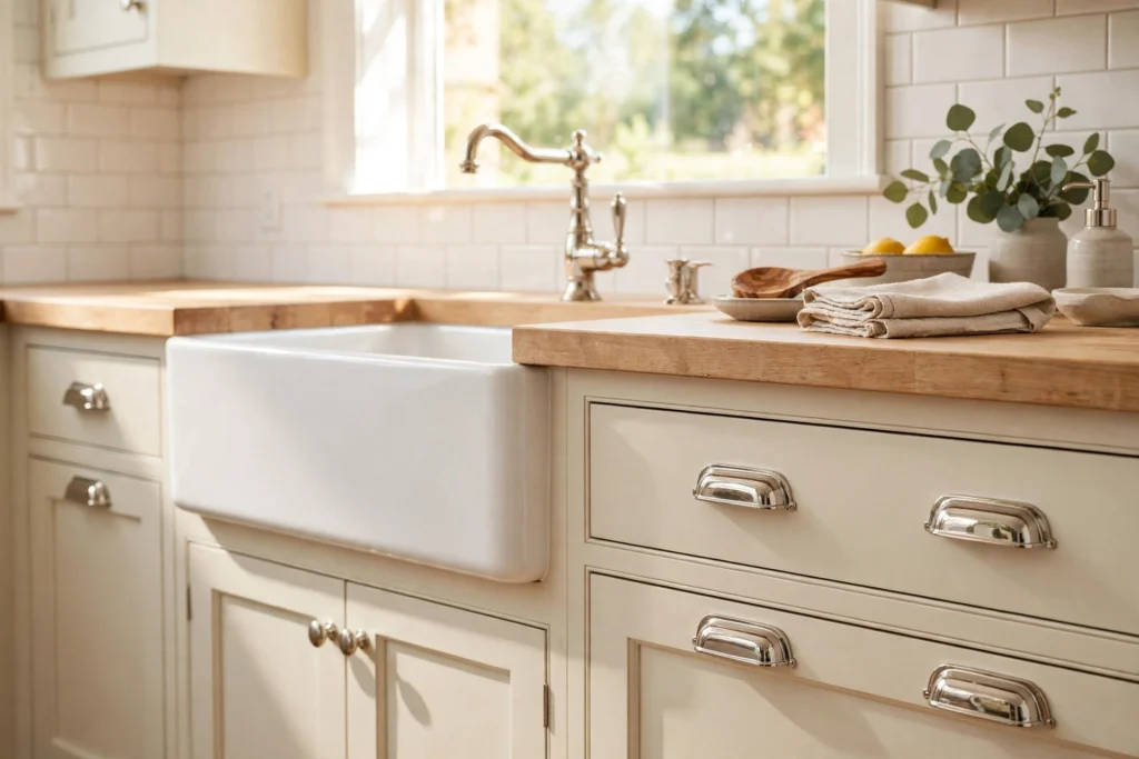 Polished nickel pulls gleaming on cream kitchen cabinets near a farmhouse sink