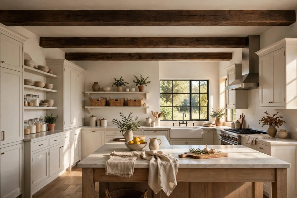 Dark wood beams spanning a farmhouse kitchen ceiling