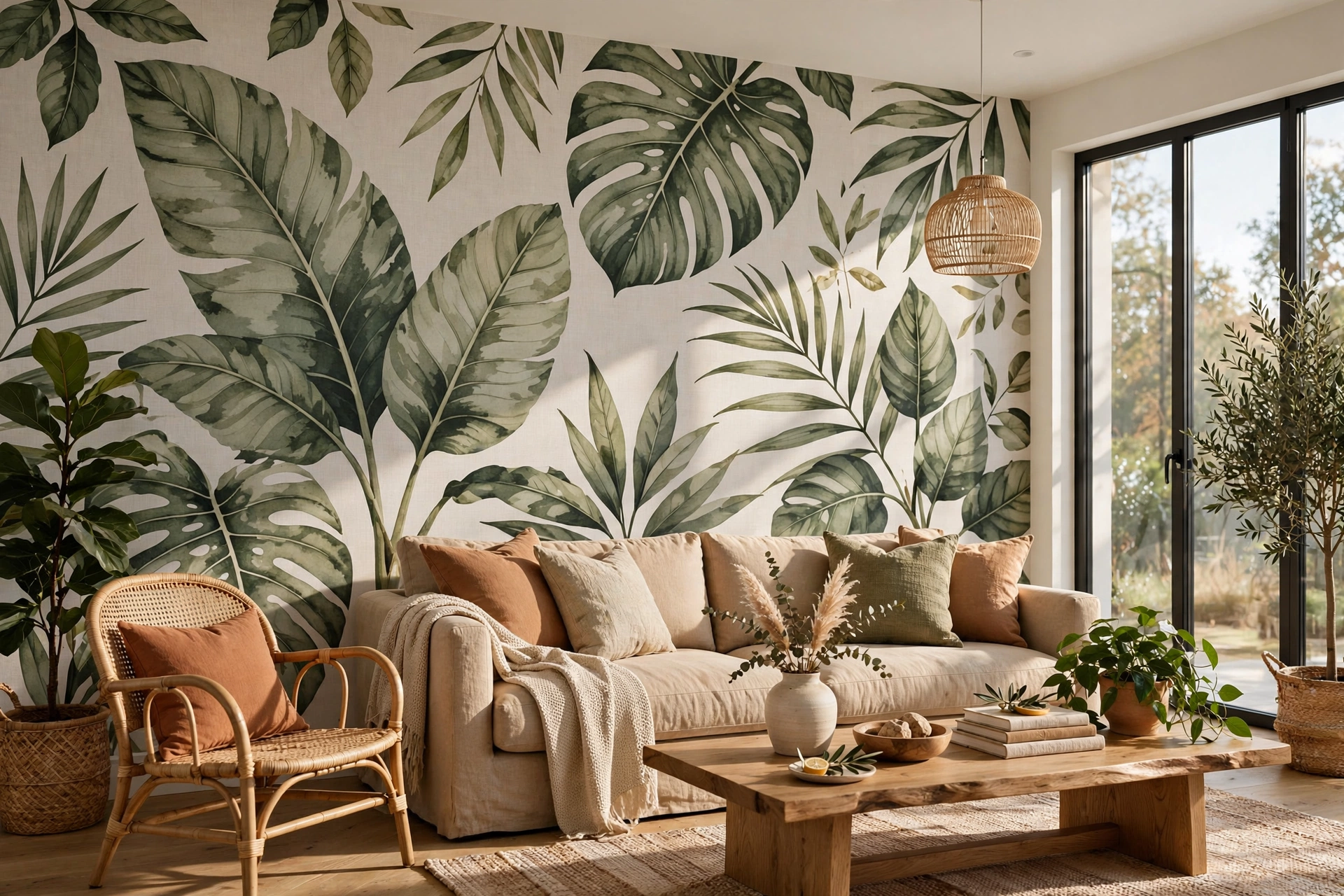 Oversized botanical leaf wallpaper in a bright stylish living room