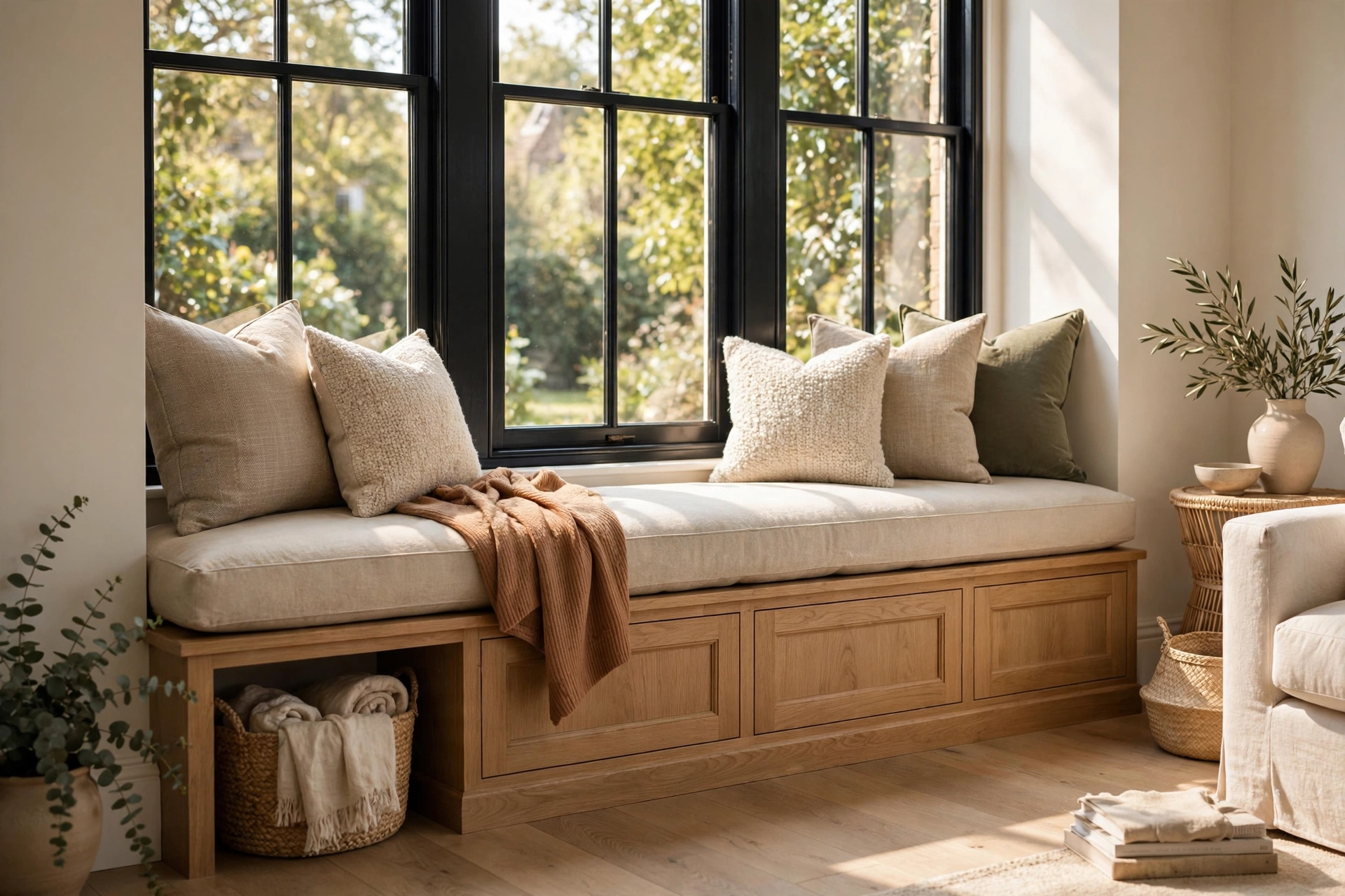 Perfectly proportioned window seat bench showing comfortable seat height and depth