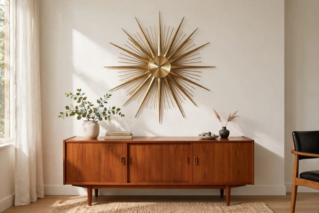 Brass starburst clock with radiating rays hung above a teak sideboard in home office