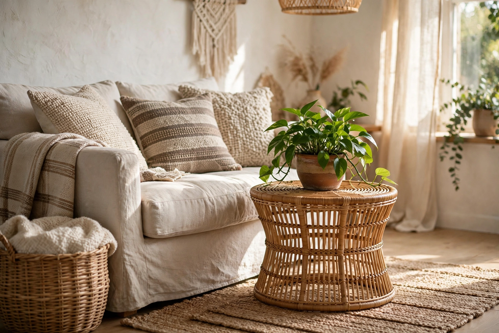 Round rattan side table beside a sofa with a plant and woven textures