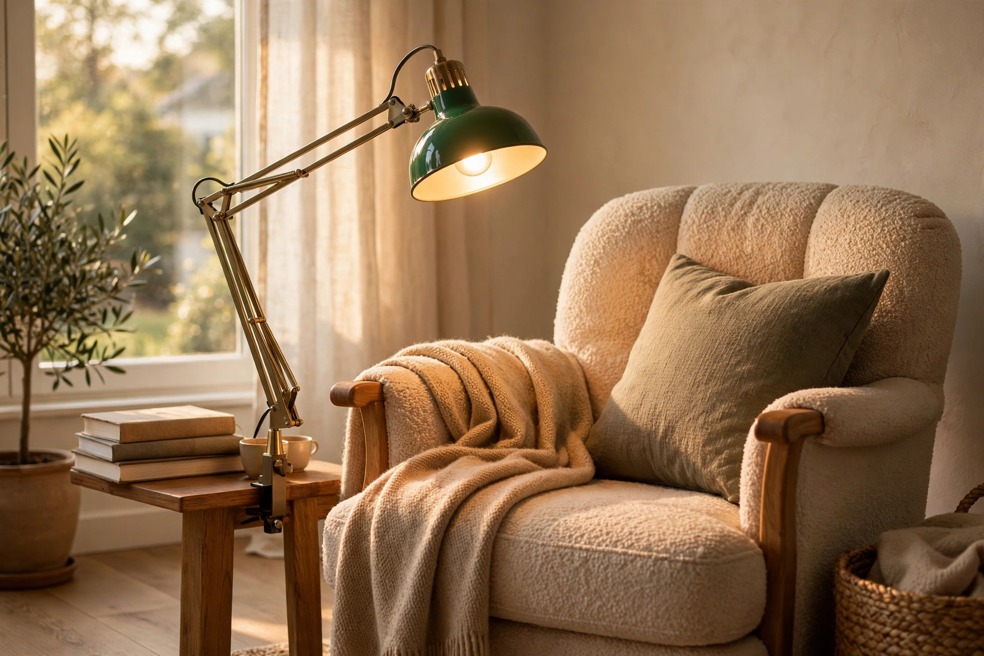 Adjustable pharmacy reading lamp glowing beside a cozy armchair