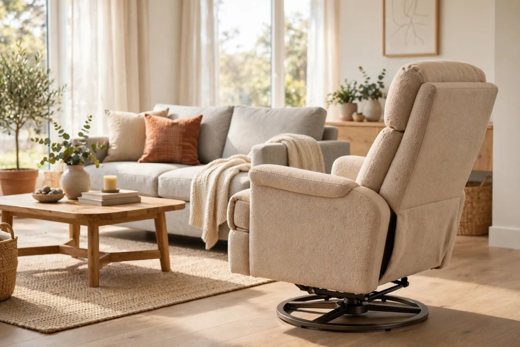 Swivel recliner chair rotated toward a bright living room seating area