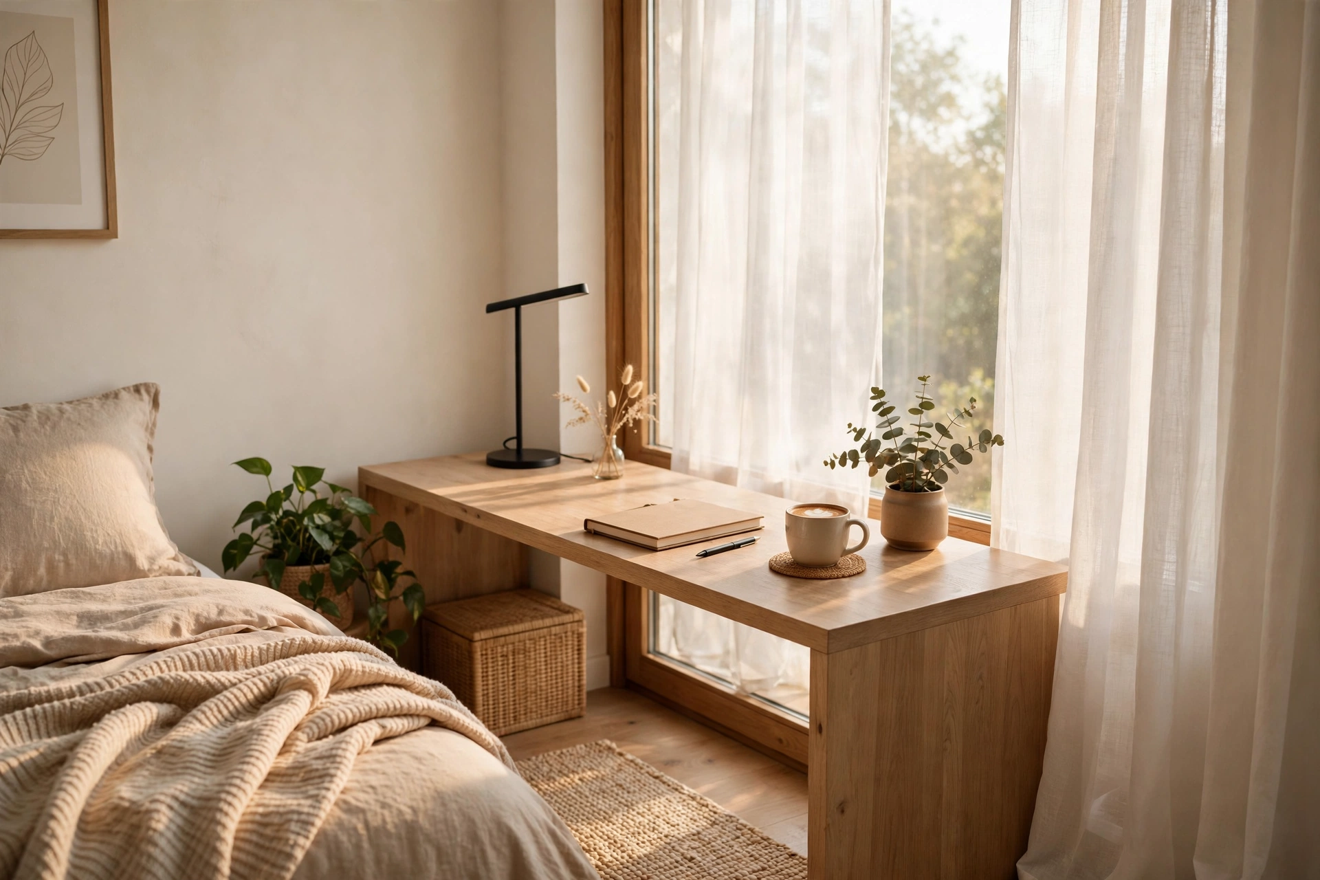 Bedroom desk placed beside a bright window with sheer curtains softening the daylight