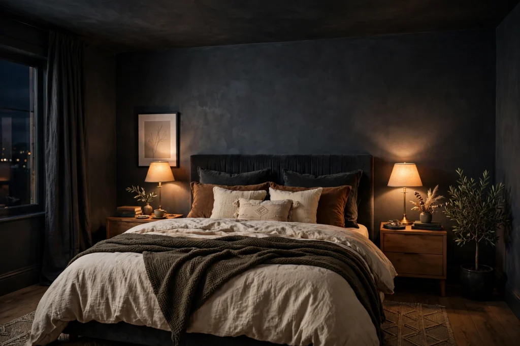 Moody bedroom with a dark charcoal ceiling, warm bedside lamps, and layered bedding