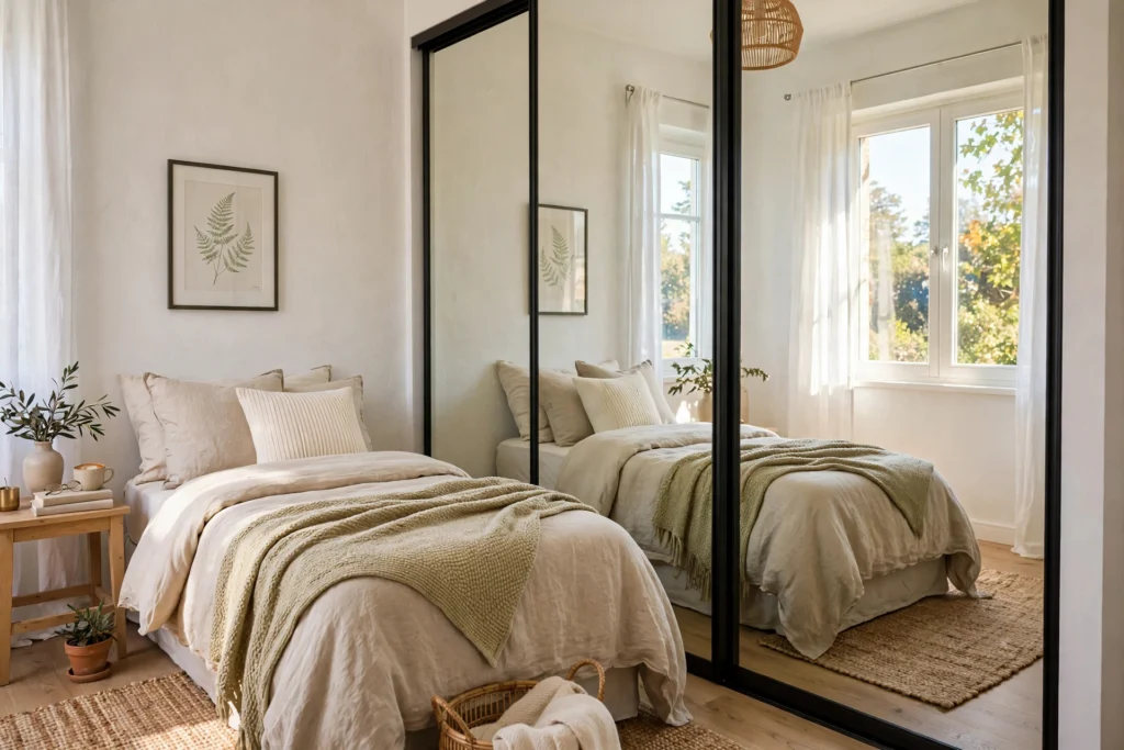 Bedroom with mirrored sliding closet doors reflecting daylight, making a small bedroom feel twice as big