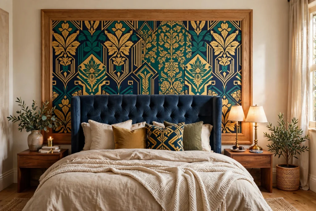 Bold patterned wallpaper framed behind a tufted headboard in a bedroom
