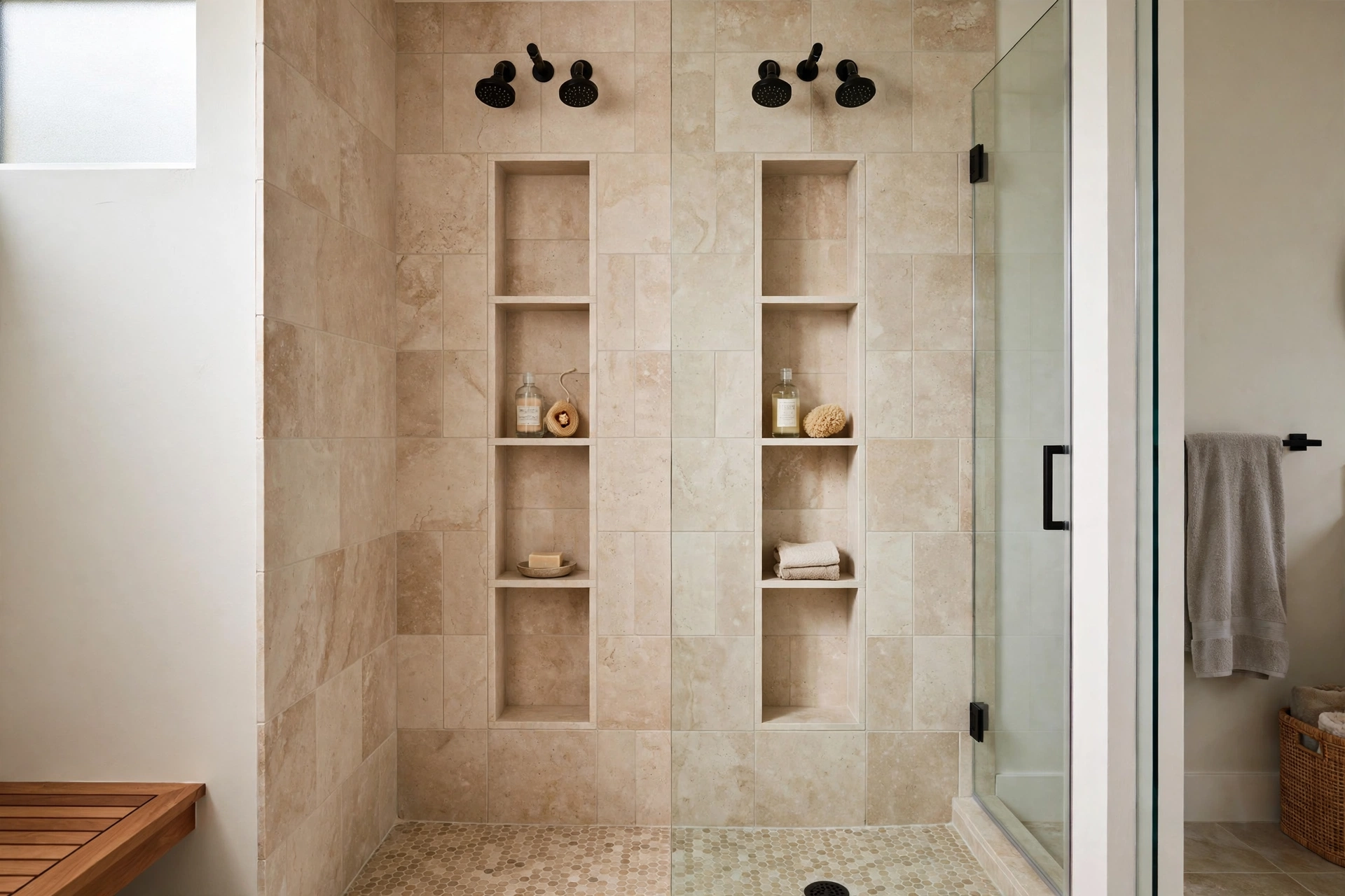 Twin matching vertical shower niches side by side in a shared bathroom