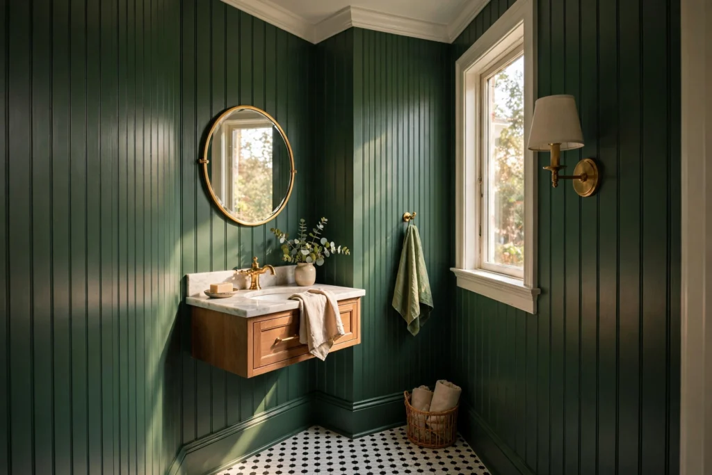 Powder room with floor to ceiling beadboard paneling in deep green