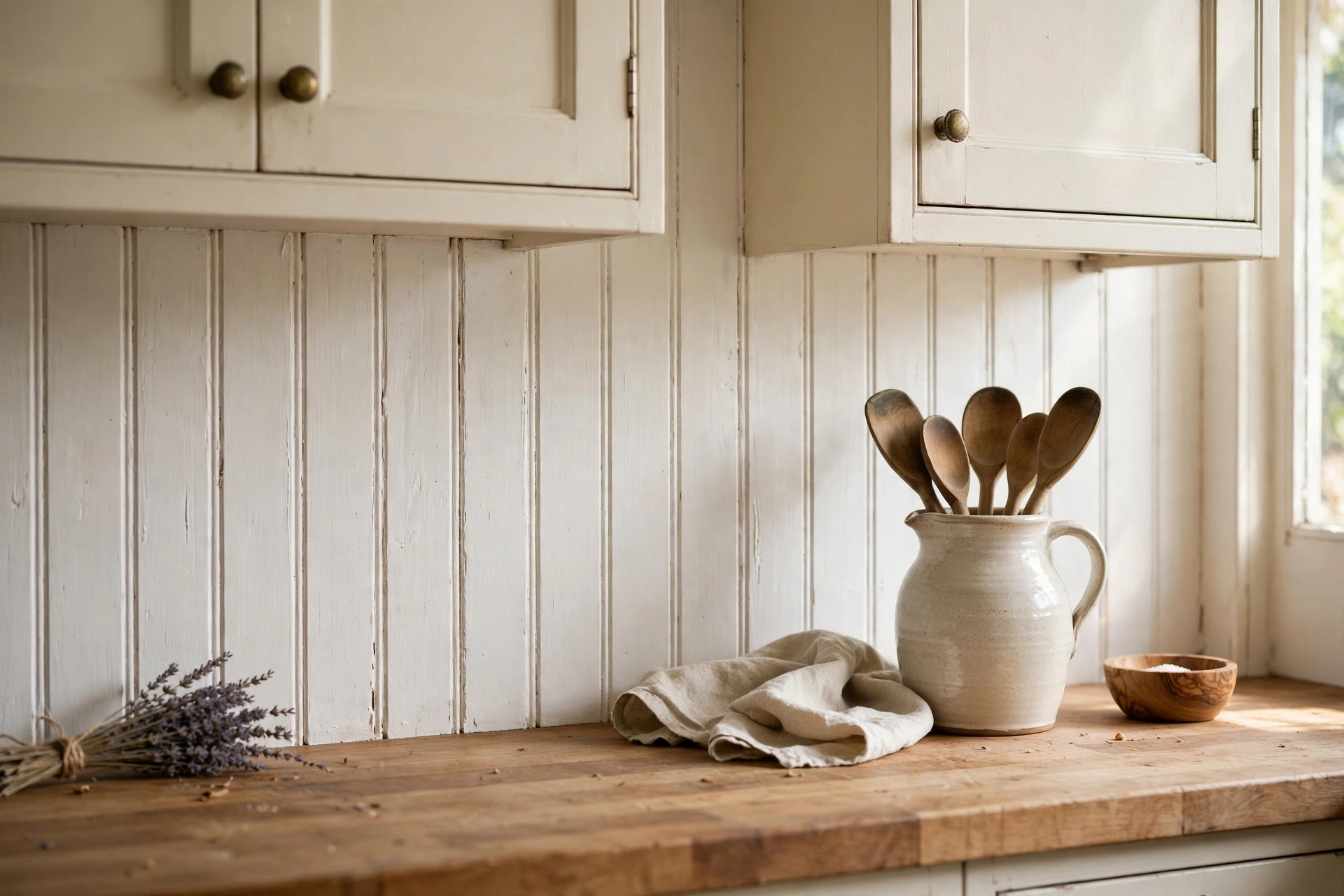 White beadboard backsplash under cream cabinets in a cozy cottage kitchen