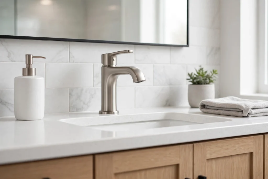 Brushed nickel single lever faucet on a clean modern vanity