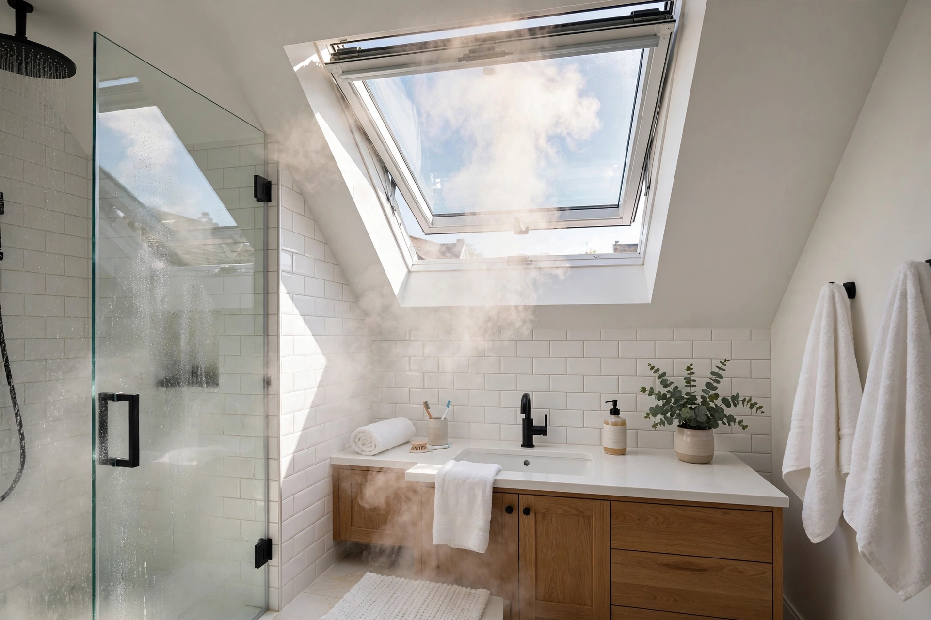 Open venting skylight releasing steam from a bright bathroom