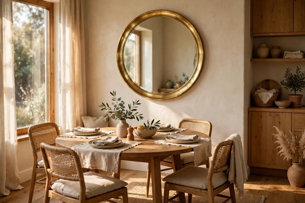 Round brass mirror echoing a round dining table in a cozy dining room