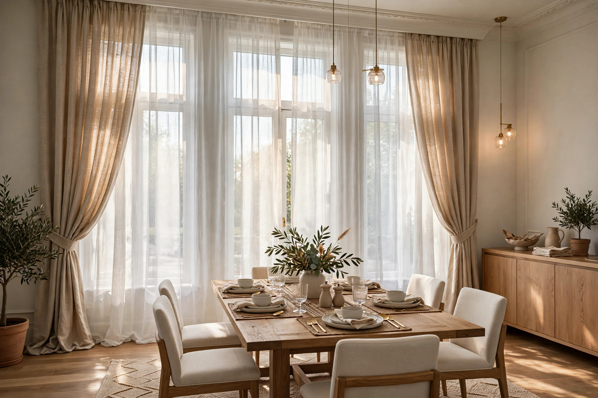 Layered sheer and drape curtains in a bright elegant dining room