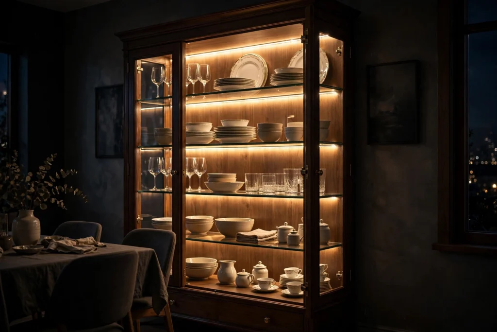 China cabinet interior glowing with warm LED strip lighting at night