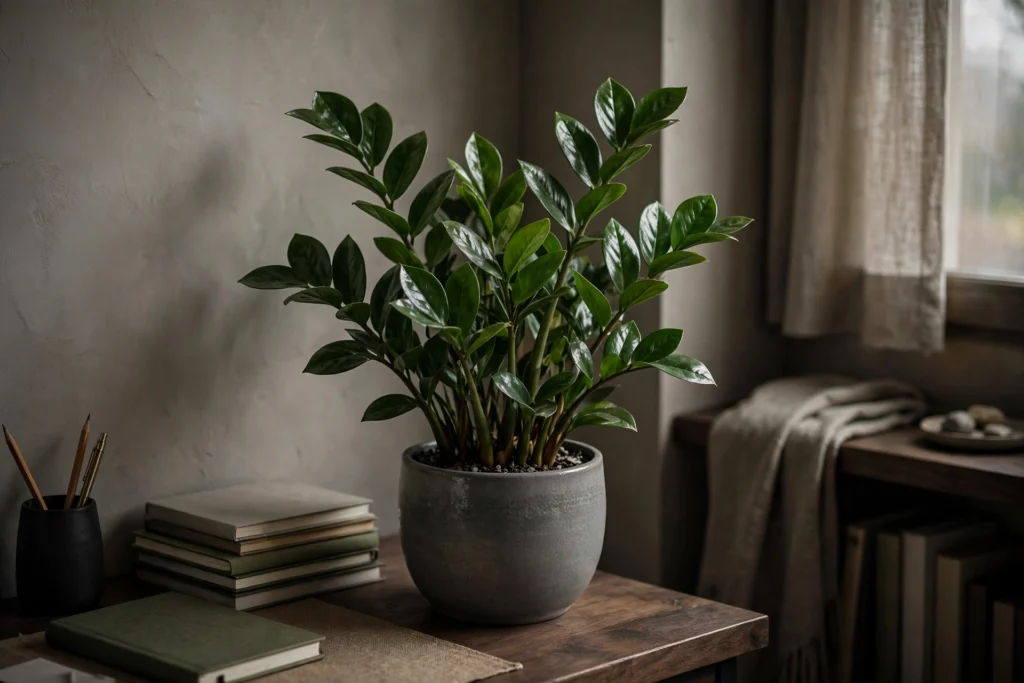 Glossy ZZ plant thriving in a dim home office corner