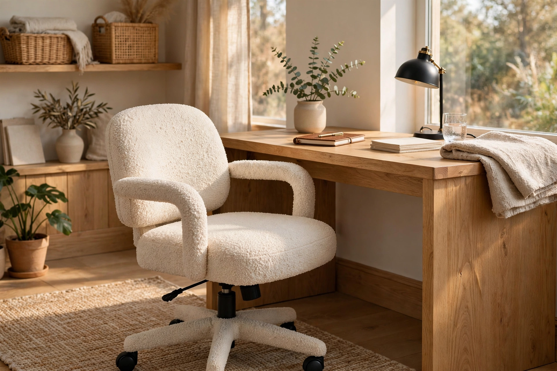 Fully upholstered bouclé task chair at a home office desk