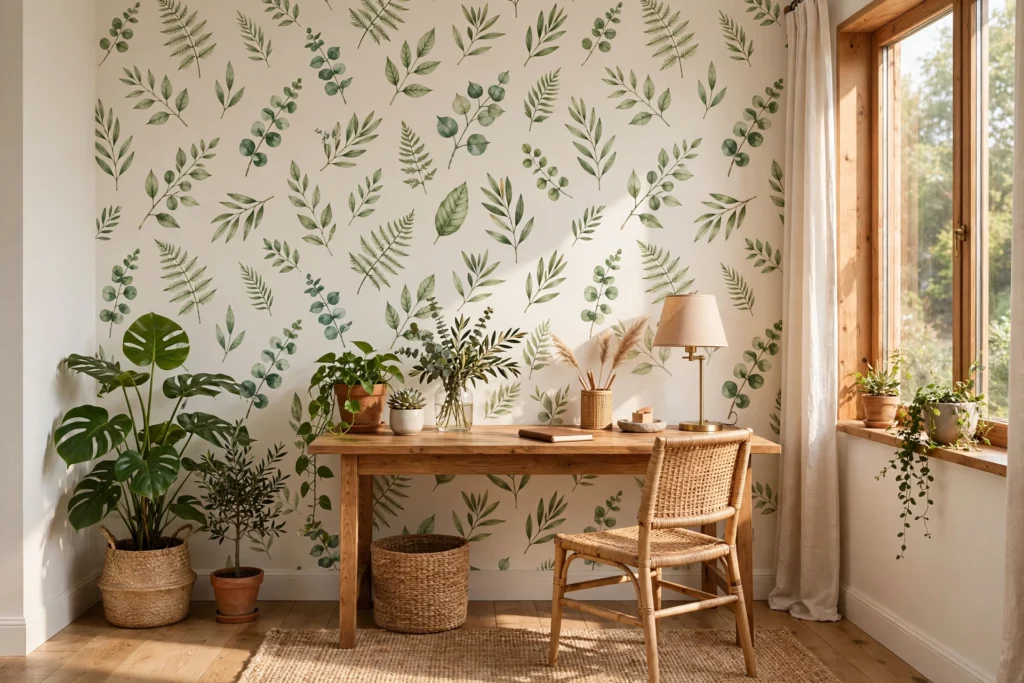 Botanical leaf-print wallpaper in a bright home office with plants and a wooden desk