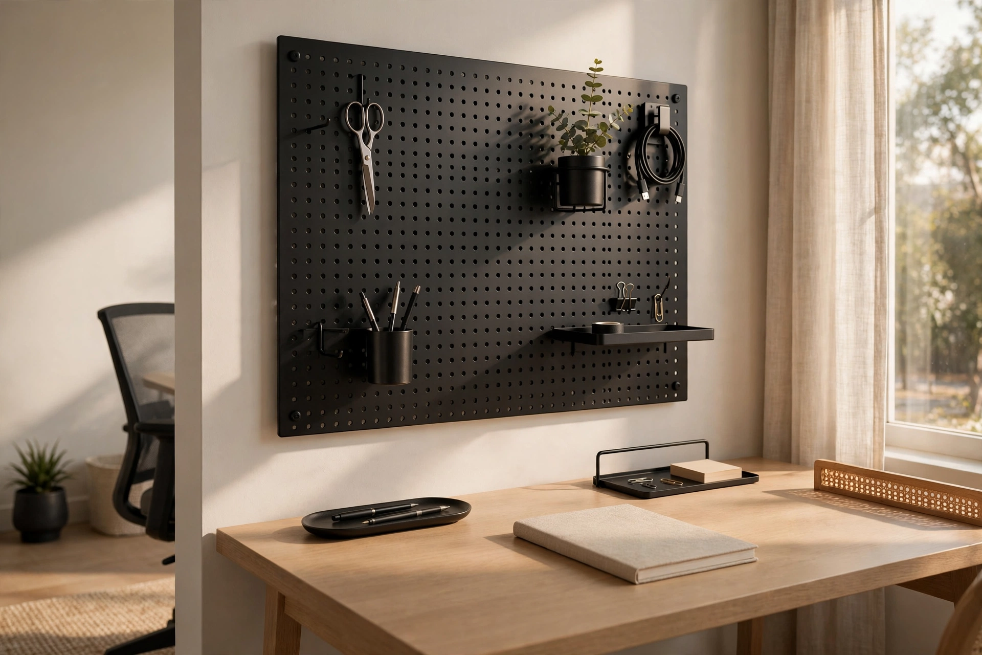 Black metal pegboard in a modern home office with magnetic accessories and minimal desk organizers