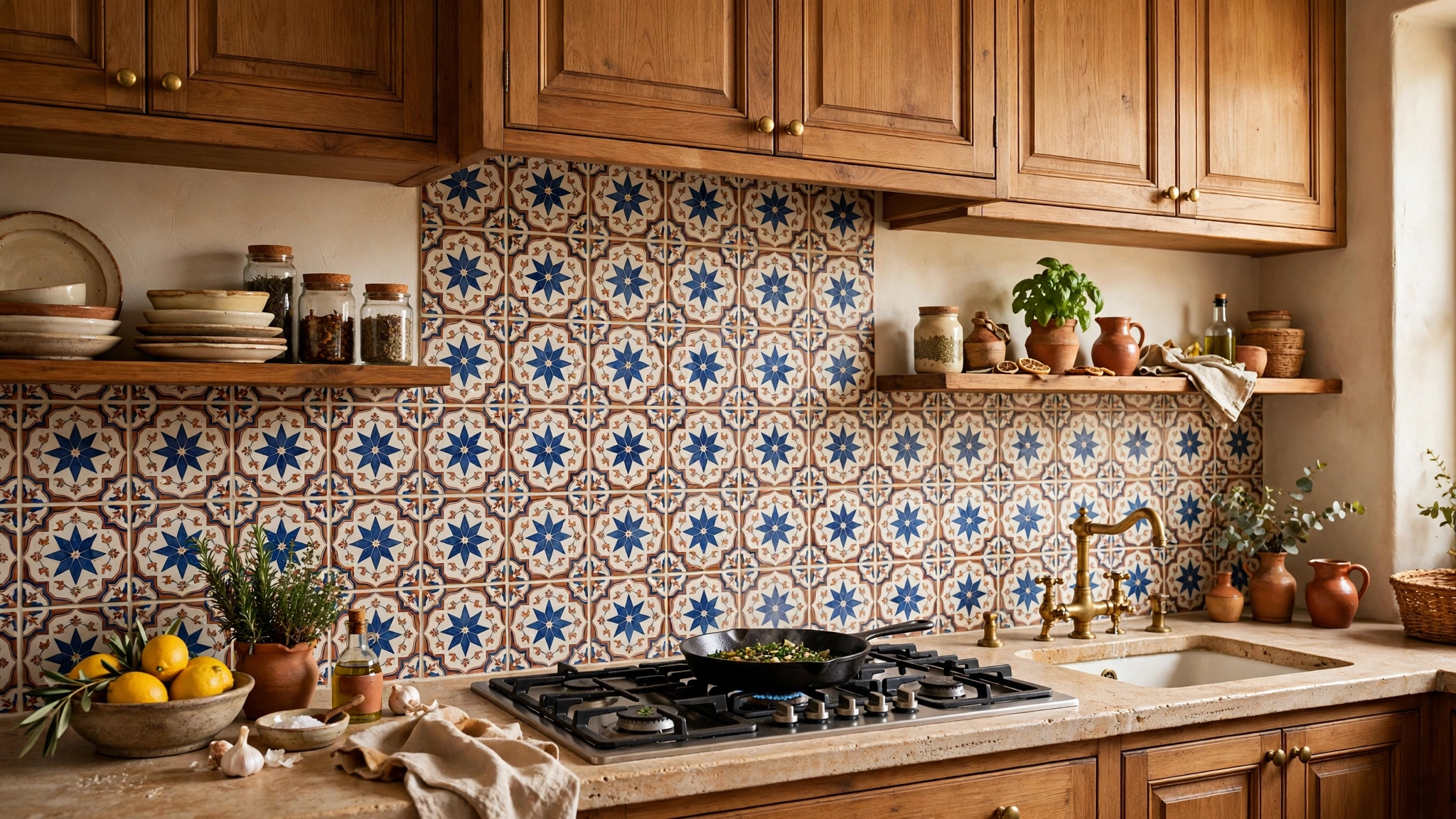 Patterned encaustic tile backsplash with blue star motifs in a Mediterranean kitchen