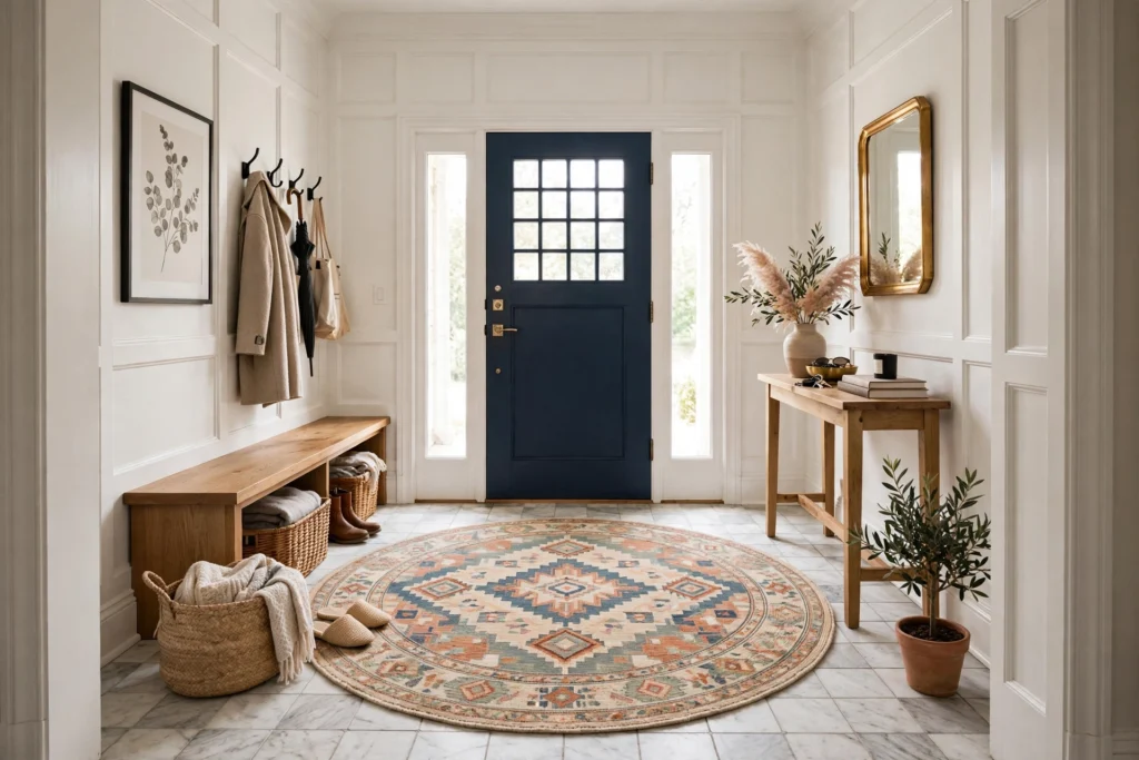 Round patterned rug softening a square entryway foyer