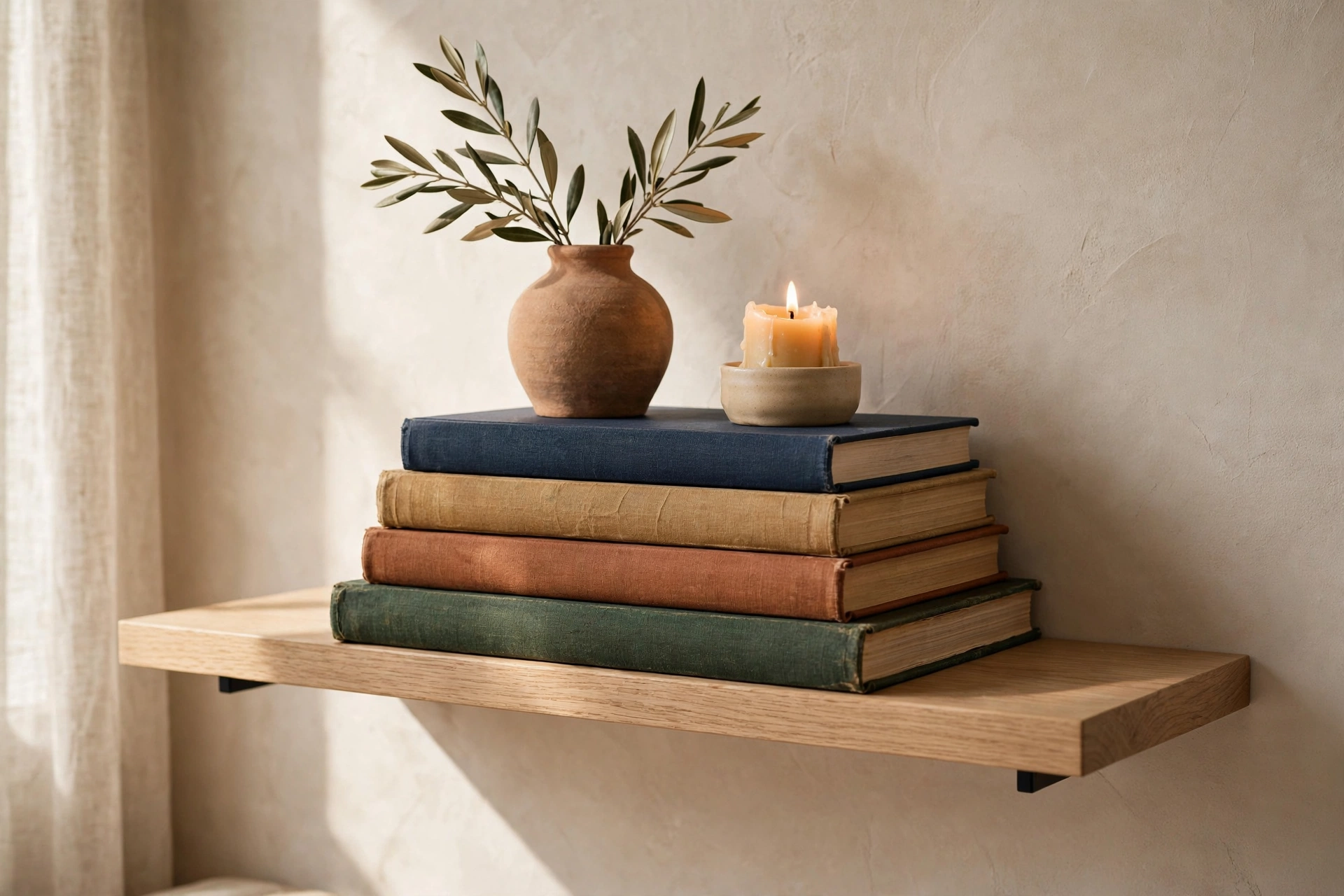 Stack of hardcover books on a wall shelf styled as a base for a small vase and candle